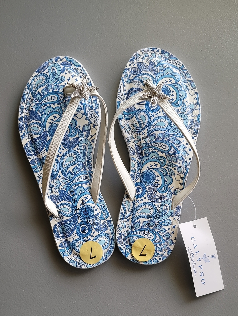Calypso Mariner Blue Paisley Starfish Flip Flops Sandals Sz 7